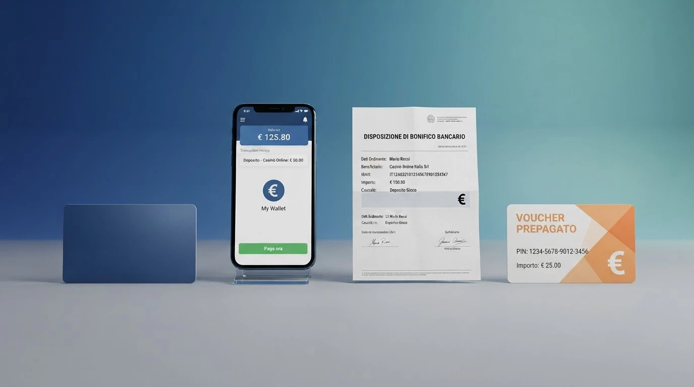 Schema delle quattro famiglie di metodi di pagamento accettati nei casinò ADM: carte bancarie, portafogli elettronici, bonifici e voucher prepagati