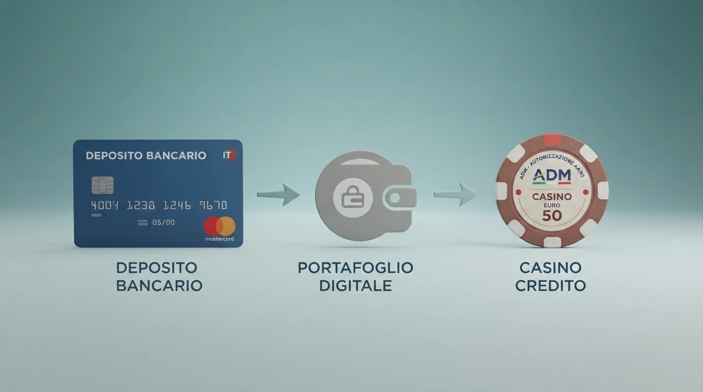 Diagramma del percorso di un deposito: carta American Express → e-wallet → casinò online, con indicazione dei tempi e delle possibili commissioni a ogni passaggio