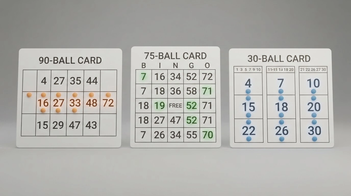Tre cartelle di bingo affiancate nei formati 90, 75 e 30 palline con pattern di vincita diversi evidenziati