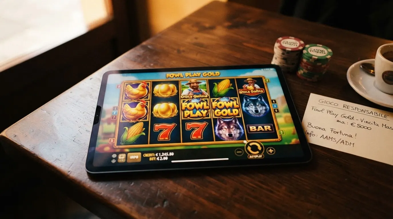 La slot machine Fowl Play Gold con i simboli della gallina, le uova d'oro e il contadino sui rulli