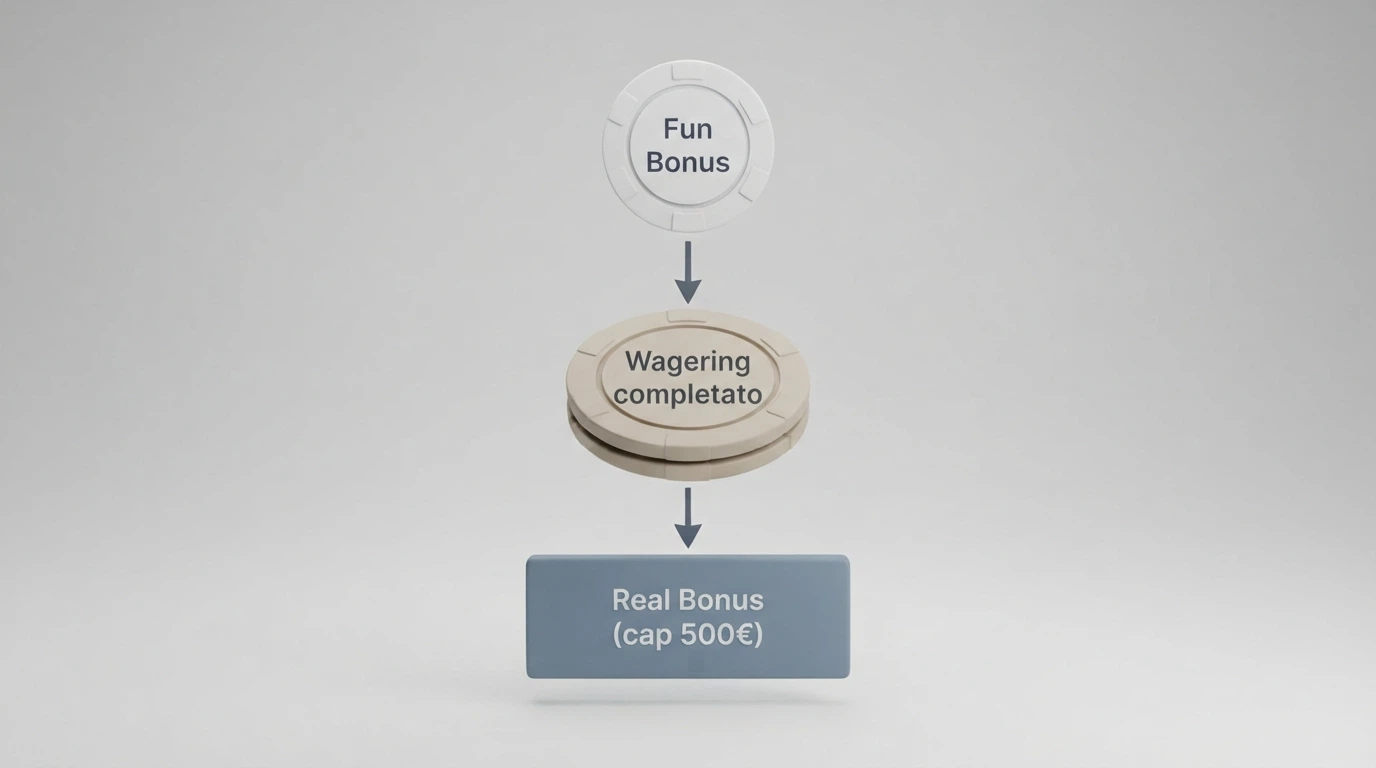 Schema che illustra il percorso dal Fun Bonus al Real Bonus passando per wagering e cap di prelievo