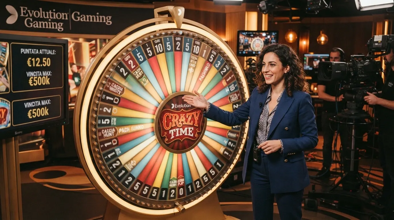 La ruota di Crazy Time in studio Evolution con un presentatore madrelingua italiano, interfaccia di gioco e segmenti moltiplicatori visibili