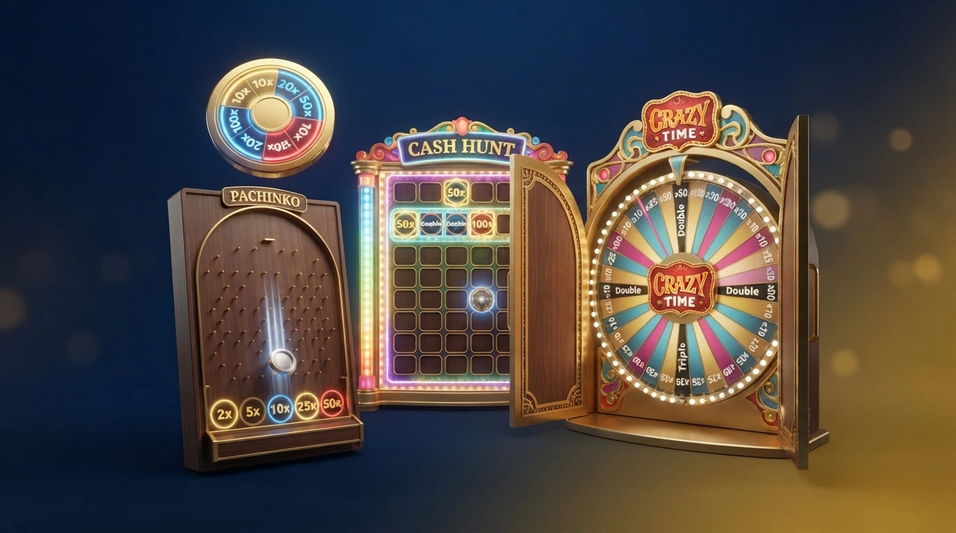 I quattro round bonus di Crazy Time — Coin Flip, Cash Hunt, Pachinko e la ruota bonus Crazy Time — con i rispettivi moltiplicatori