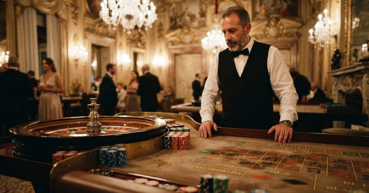 Primo piano di un tavolo da roulette con fiches colorate e un croupier sullo sfondo, in un casinò italiano illuminato