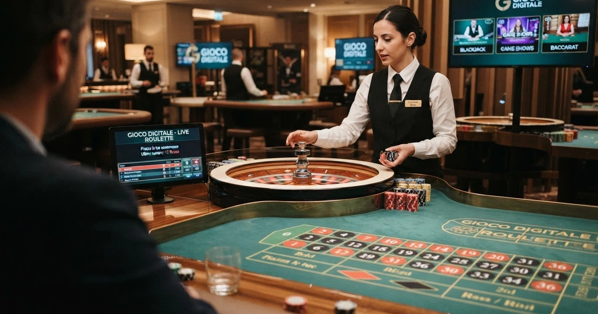 L'interfaccia del casinò live di Gioco Digitale con un tavolo di roulette in primo piano e la lobby dei giochi sullo sfondo