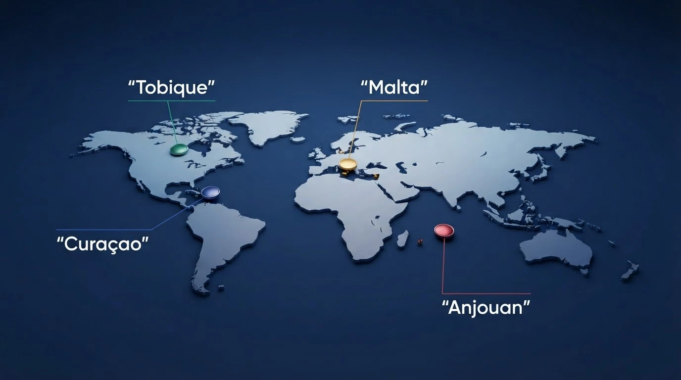 Mappa schematica delle giurisdizioni di licenza più comuni tra i casinò non AAMS rivolti al mercato italiano: Curacao, Malta, Tobique, Anjouan