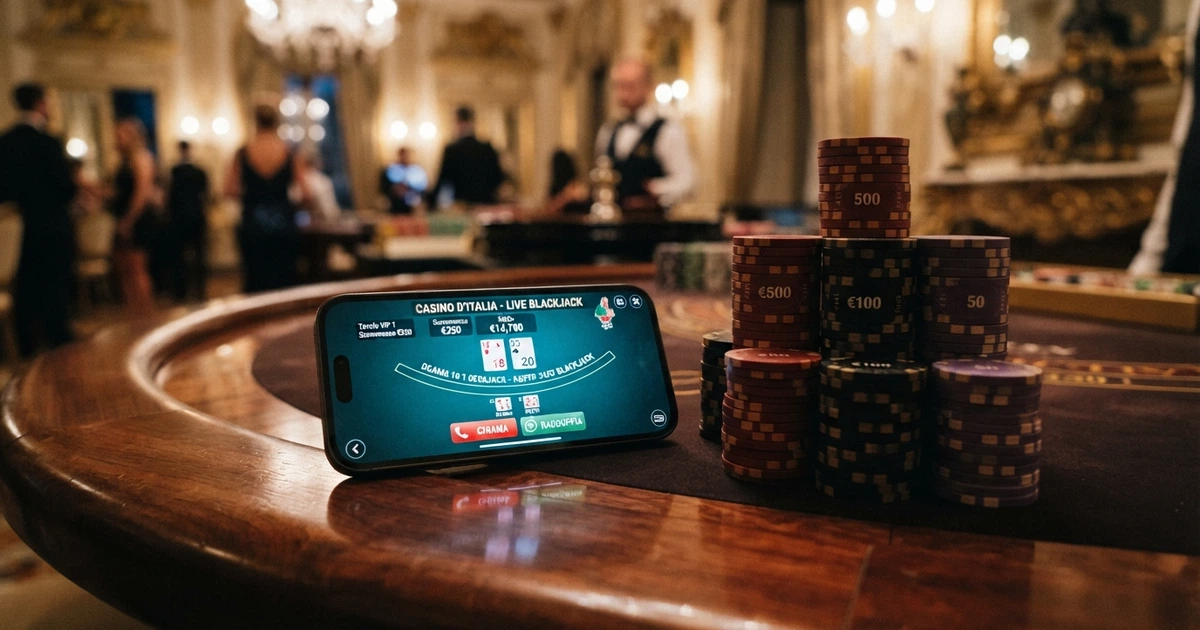 Un tavolo da gioco illuminato con fiches di taglio alto impilate accanto a uno smartphone che mostra l'interfaccia di un casinò online in italiano