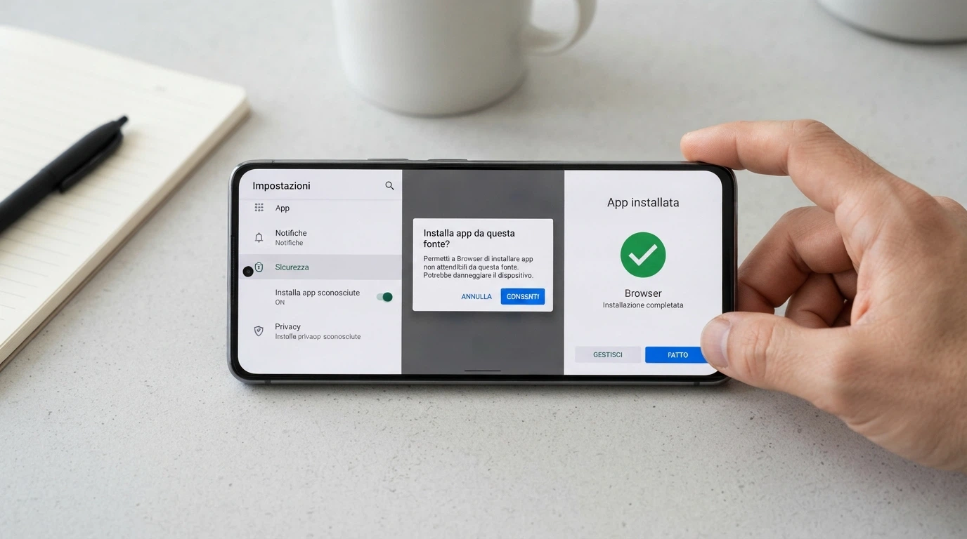 Sequenza di schermate del processo di installazione di un APK casinò su smartphone Android: impostazioni, conferma origini sconosciute, schermata di completamento