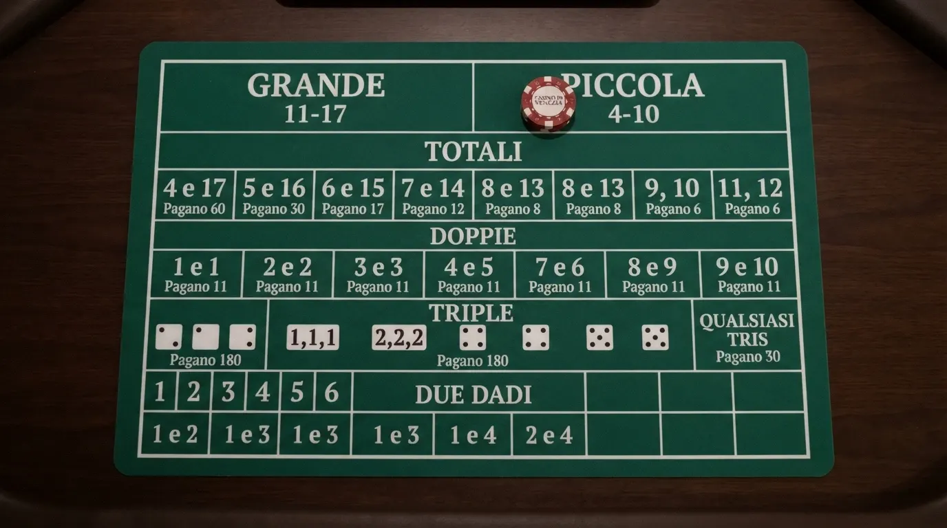 Il pannello delle puntate del Sic Bo con le zone Big, Small, totali, doppie e triple evidenziate in italiano