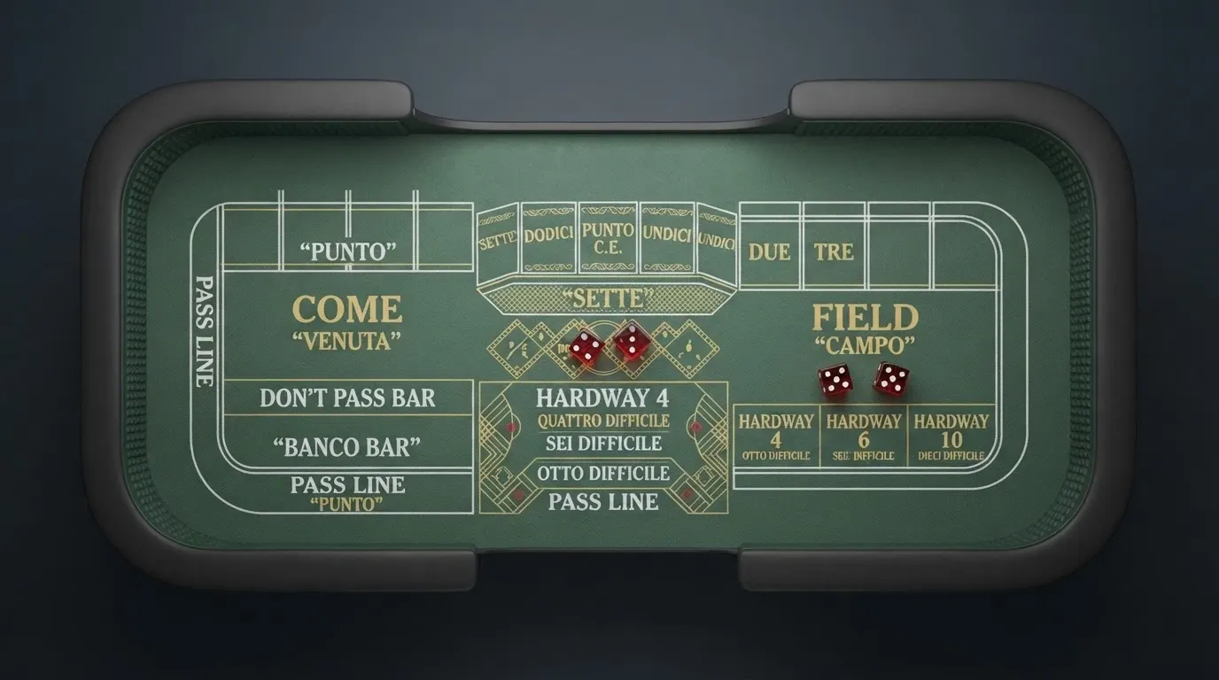 Schema semplificato del layout del tavolo da craps con le aree Pass Line, Don't Pass, Come, Field e le puntate centrali evidenziate in colore diverso