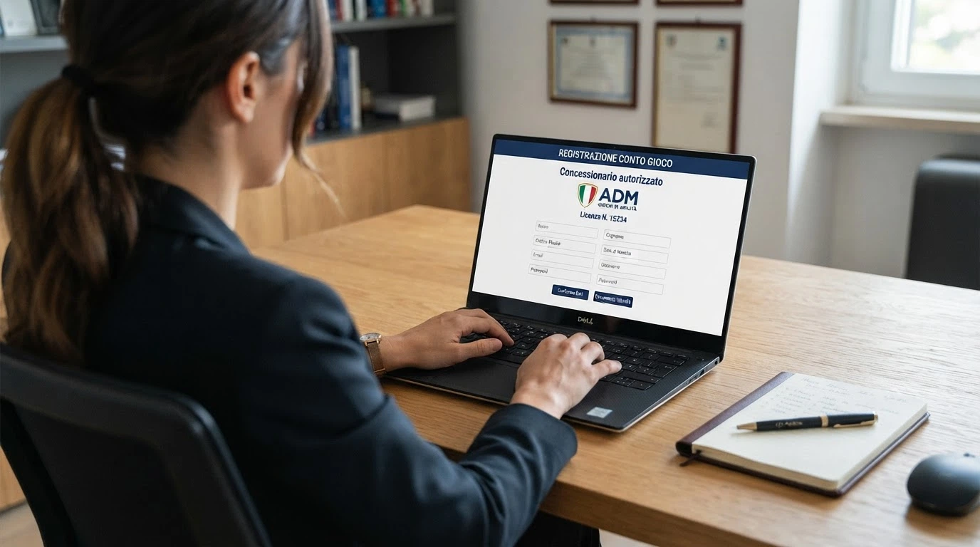 Il logo ufficiale dell'Agenzia delle Dogane e dei Monopoli su sfondo istituzionale, accanto alla dicitura «Concessionario autorizzato al gioco a distanza»