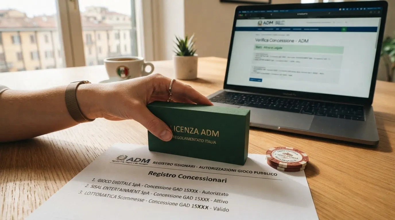 Un primo piano del logo ADM accanto a un estratto del registro pubblico dei concessionari, con i codici concessione visibili