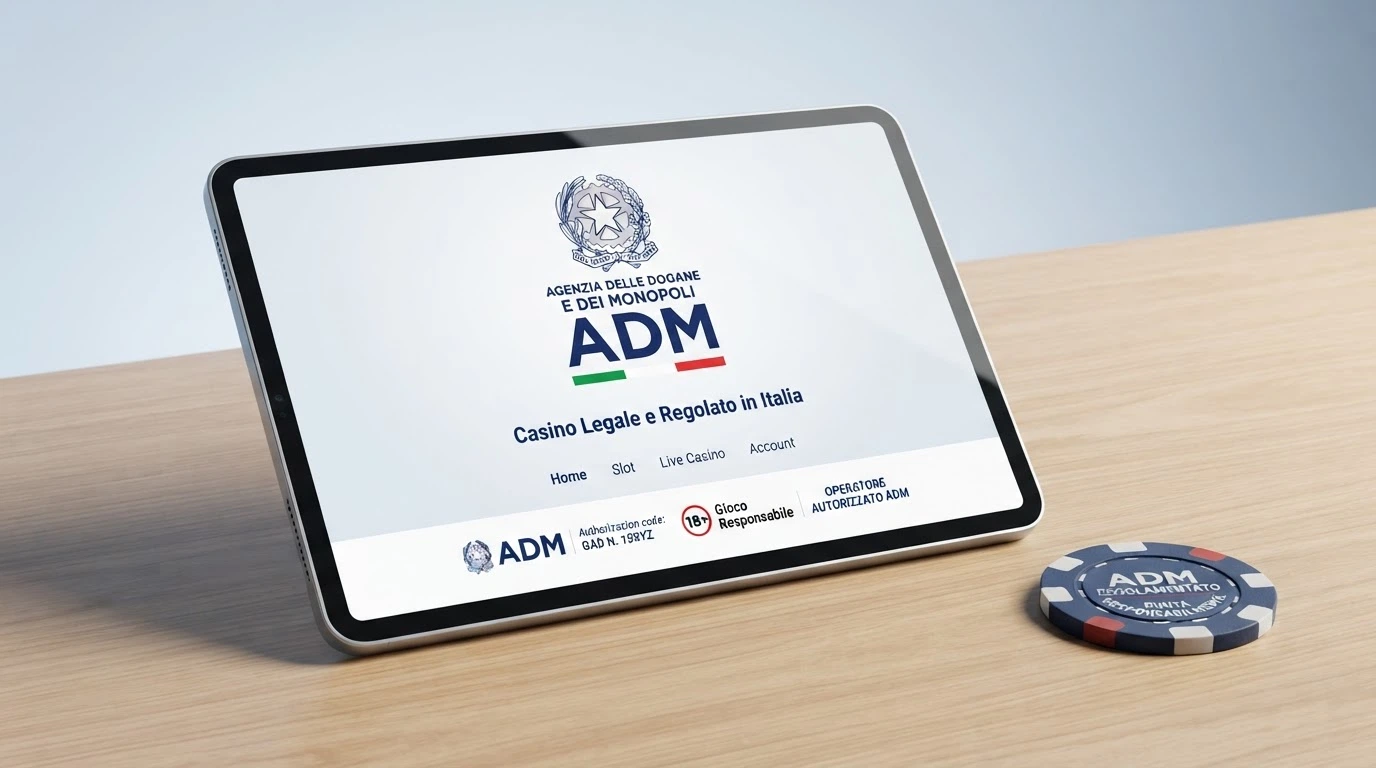 Il logo ufficiale dell'Agenzia delle Dogane e dei Monopoli accanto alla schermata di un casinò online con il bollino ADM in evidenza nel footer