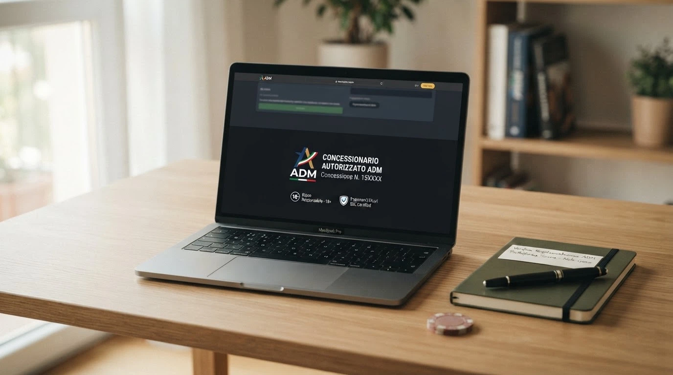 Il logo ufficiale dell'Agenzia delle Dogane e dei Monopoli (ADM) accanto alla dicitura «concessionario autorizzato» visibile nel footer di un sito di casinò online legale italiano