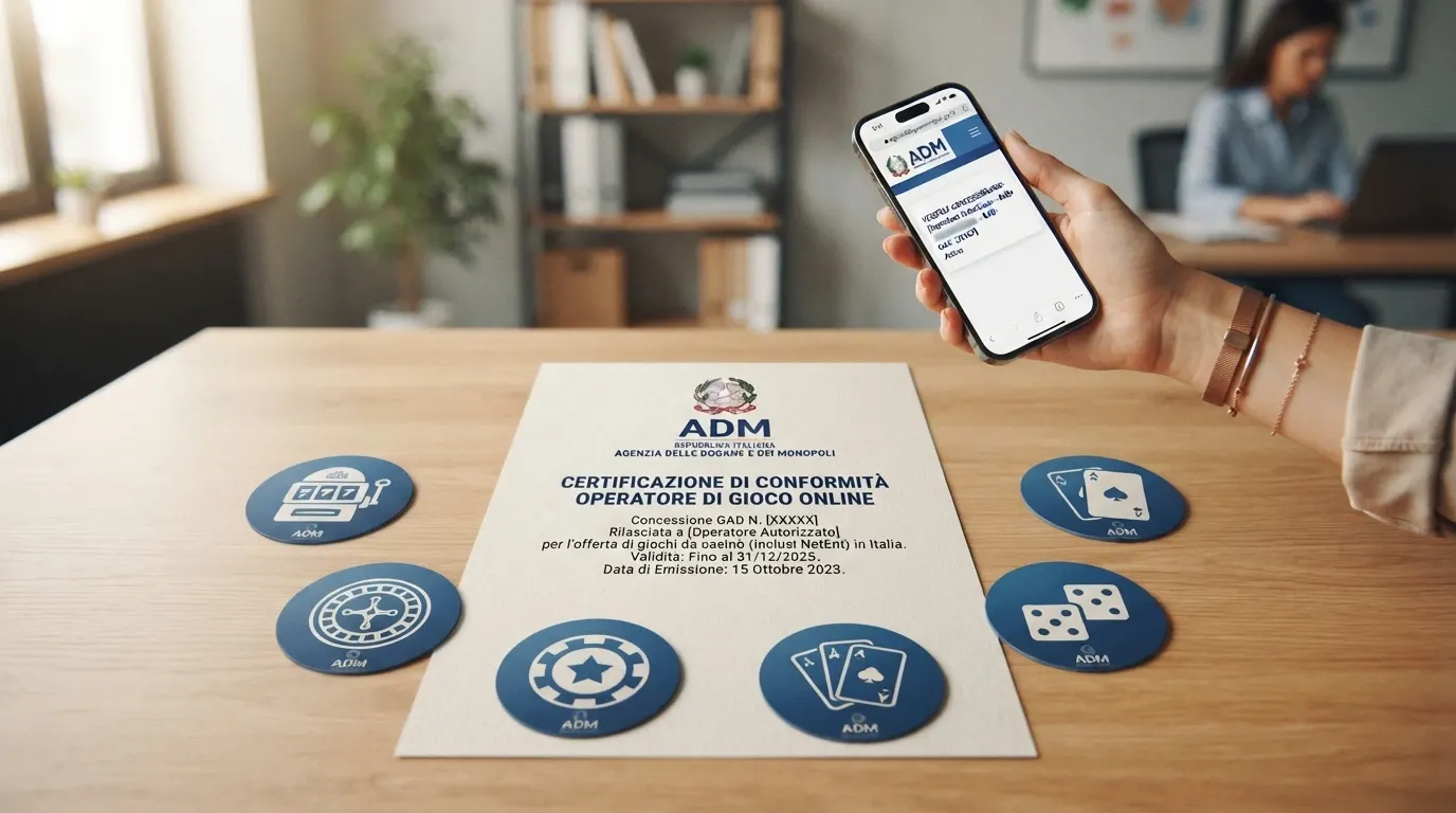 Il logo ufficiale dell'Agenzia delle Dogane e dei Monopoli accanto ai loghi dei casinò NetEnt con concessione ADM verificata, su sfondo istituzionale