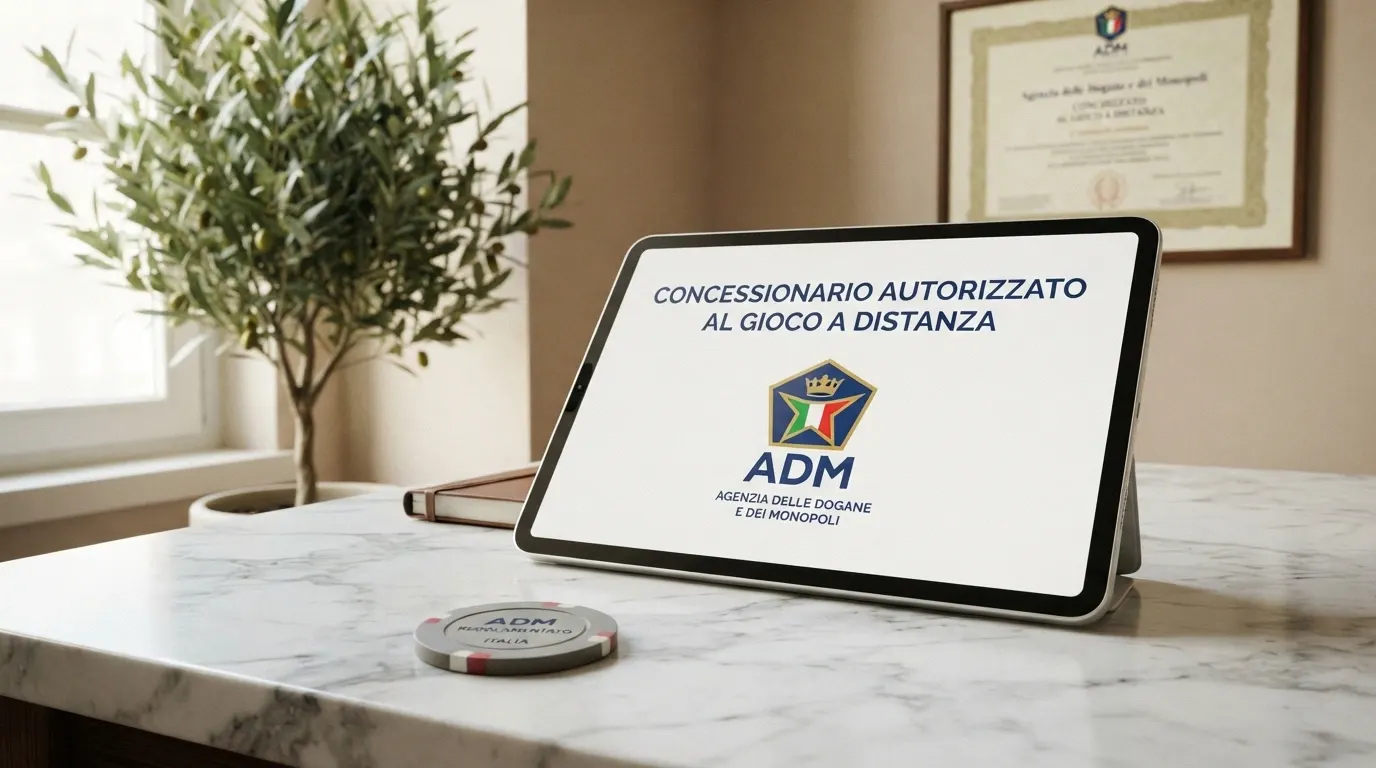 Il logo ufficiale dell'Agenzia delle Dogane e dei Monopoli (ADM) visualizzato su un dispositivo, accanto alla scritta «Concessionario autorizzato al gioco a distanza»