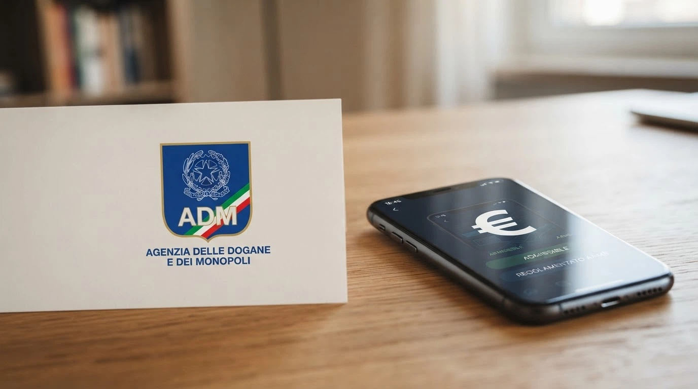 Il logo ufficiale dell'Agenzia delle Dogane e dei Monopoli (ADM) accanto al simbolo di Bitcoin e a un estratto dell'elenco dei siti inibiti