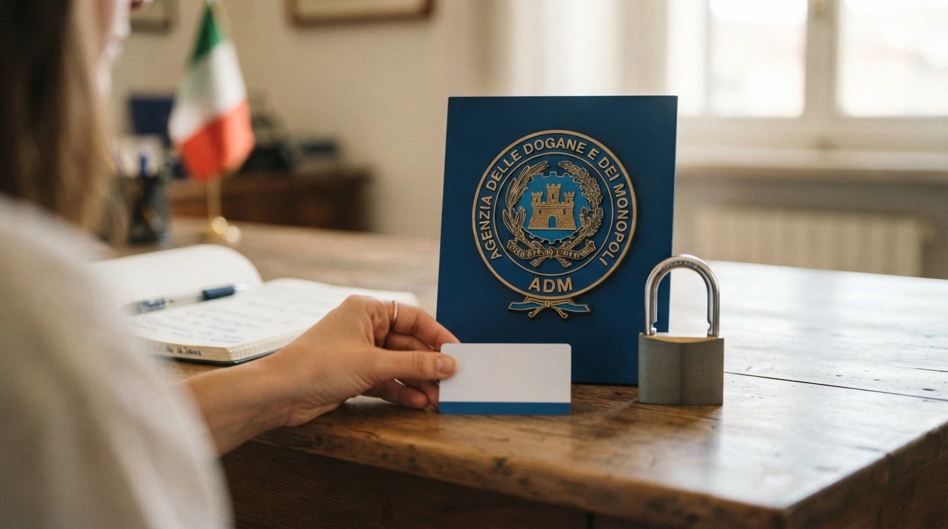 Il logo ufficiale dell'Agenzia delle Dogane e dei Monopoli accanto a un lucchetto aperto e alla scritta «Concessionario ADM», su sfondo blu istituzionale