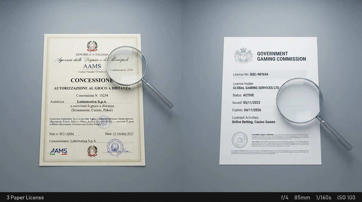Un documento ufficiale con il logo dell'Agenzia delle Dogane e dei Monopoli accostato al logo di una licenza internazionale (Curaçao), con una lente di ingrandimento sopra ciascuno