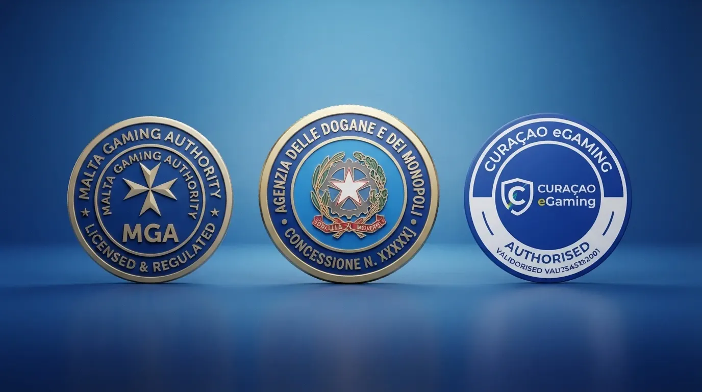 Tre sigilli di licenza affiancati: ADM (Agenzia delle Dogane e dei Monopoli), MGA (Malta Gaming Authority) e Curaçao eGaming