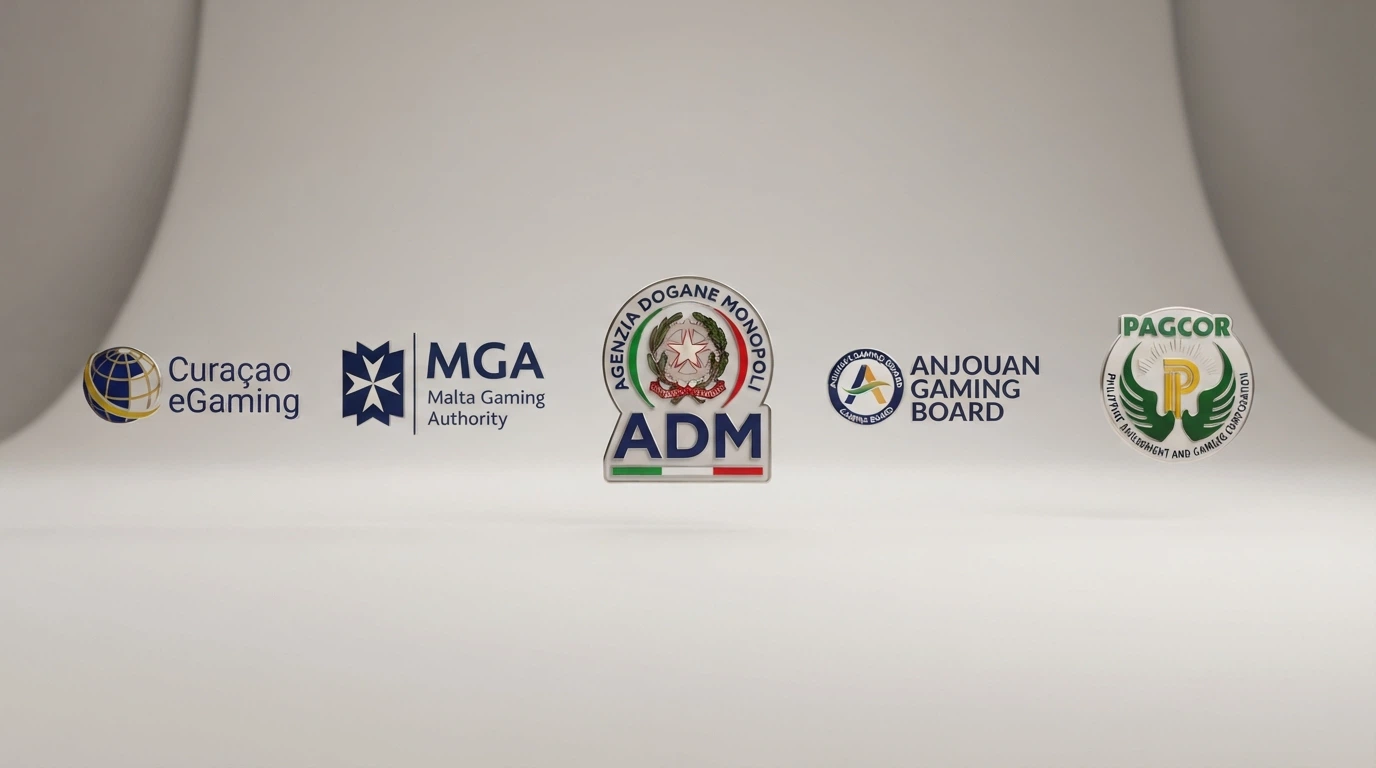 I loghi delle autorità di licenza: ADM Italia, MGA Malta, Curaçao eGaming, Anjouan e PAGCOR affiancati