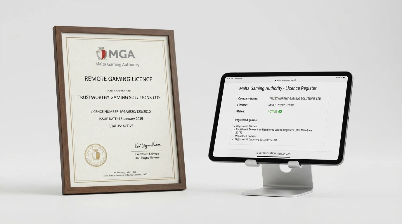 Primo piano del certificato di licenza di un'autorità internazionale accanto alla homepage di un casinò online.