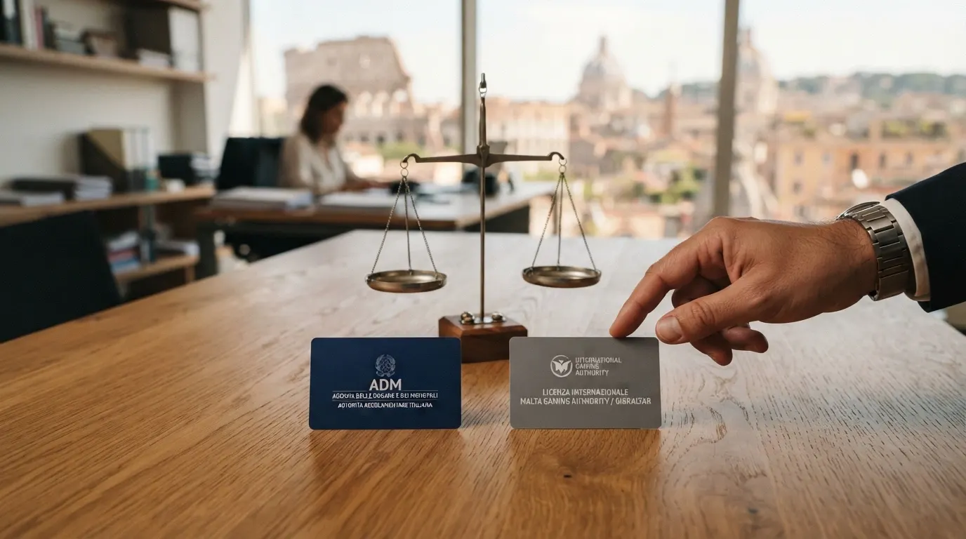 Il logo ufficiale dell'ADM accanto ai loghi delle licenze internazionali MGA, Curaçao e PAGCOR, con una bilancia a simboleggiare il confronto tra tutele