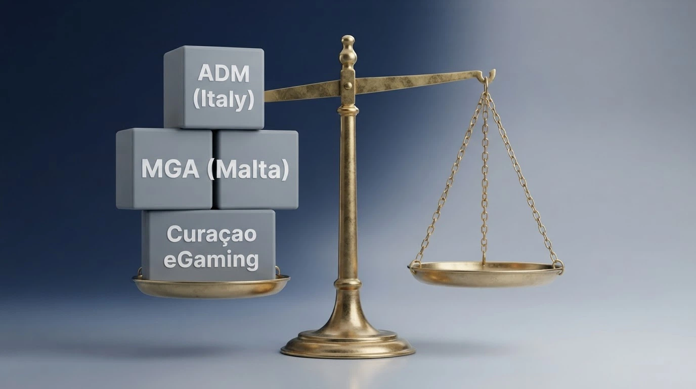 Tre loghi di autorità di regolazione (ADM, MGA, Curaçao eGaming) affiancati con una bilancia al centro