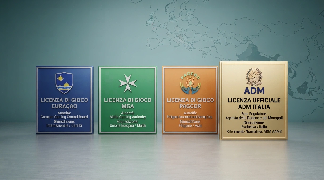 Un confronto visivo tra i sigilli delle tre licenze estere più comuni (Curaçao, MGA, PAGCOR) e il logo ADM, con una mappa semplificata delle giurisdizioni