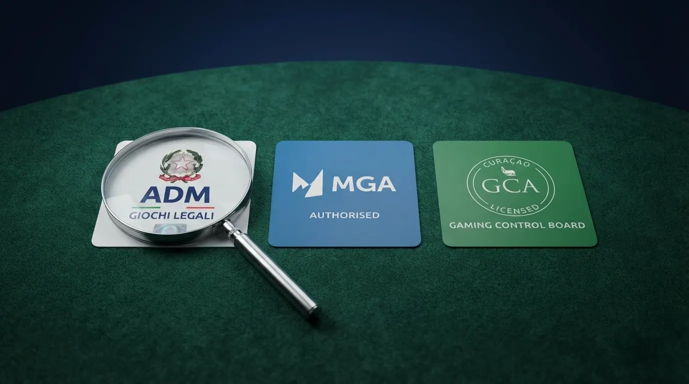 Tre distintivi di licenza affiancati su un tavolo da gioco: il logo ADM, il logo MGA e il logo Curaçao GCA, con una lente di ingrandimento posata sul primo