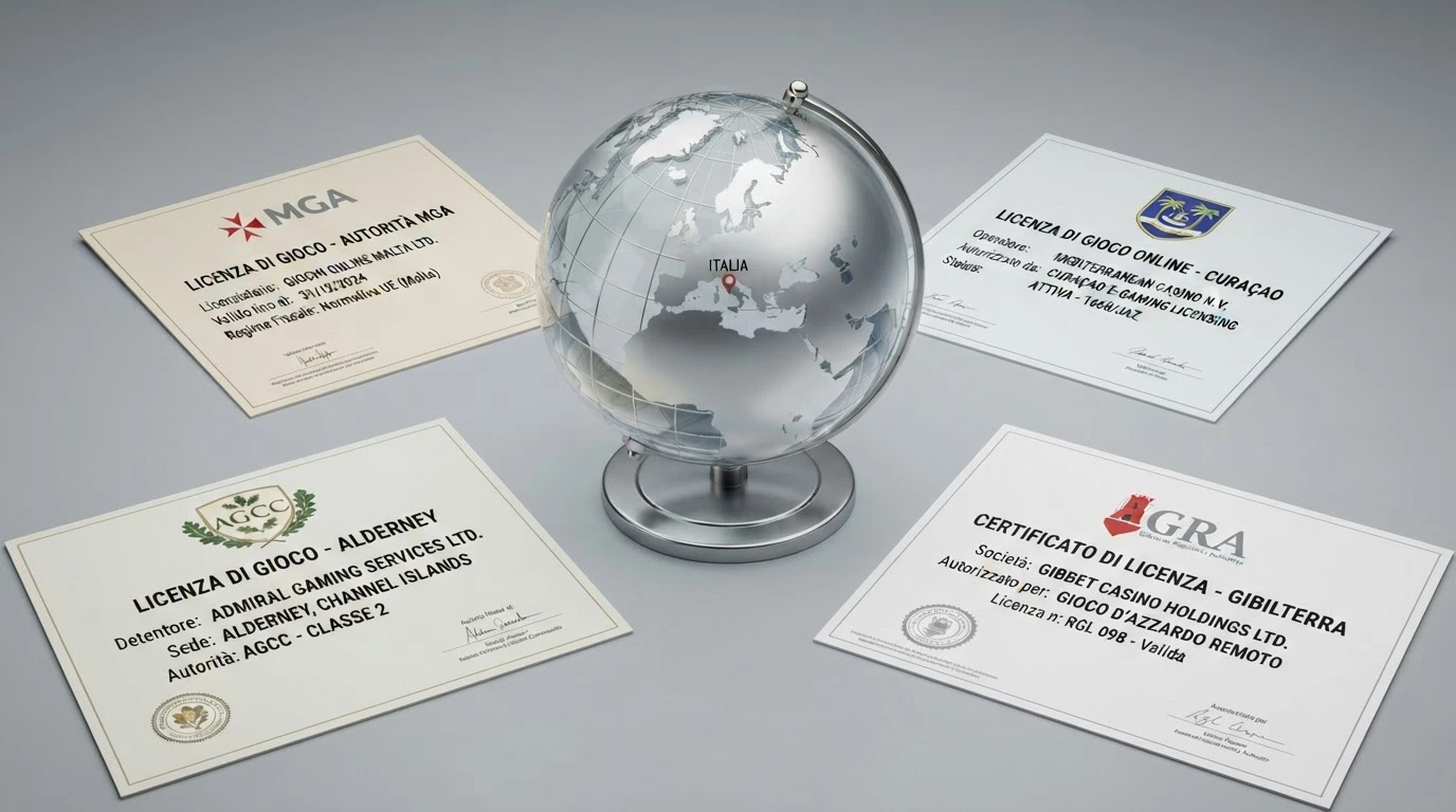 Un collage di certificati di licenza di diverse giurisdizioni (Curaçao, MGA, PAGCOR) affiancati al logo dell'ADM, su una mappa dell'Europa con l'Italia evidenziata