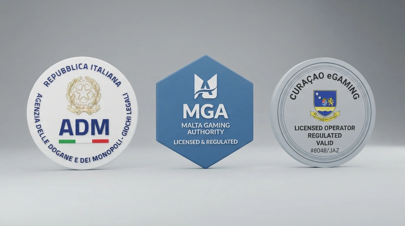 Un confronto visivo tra i sigilli di licenza ADM, MGA e Curaçao, con il bollino ADM evidenziato al centro