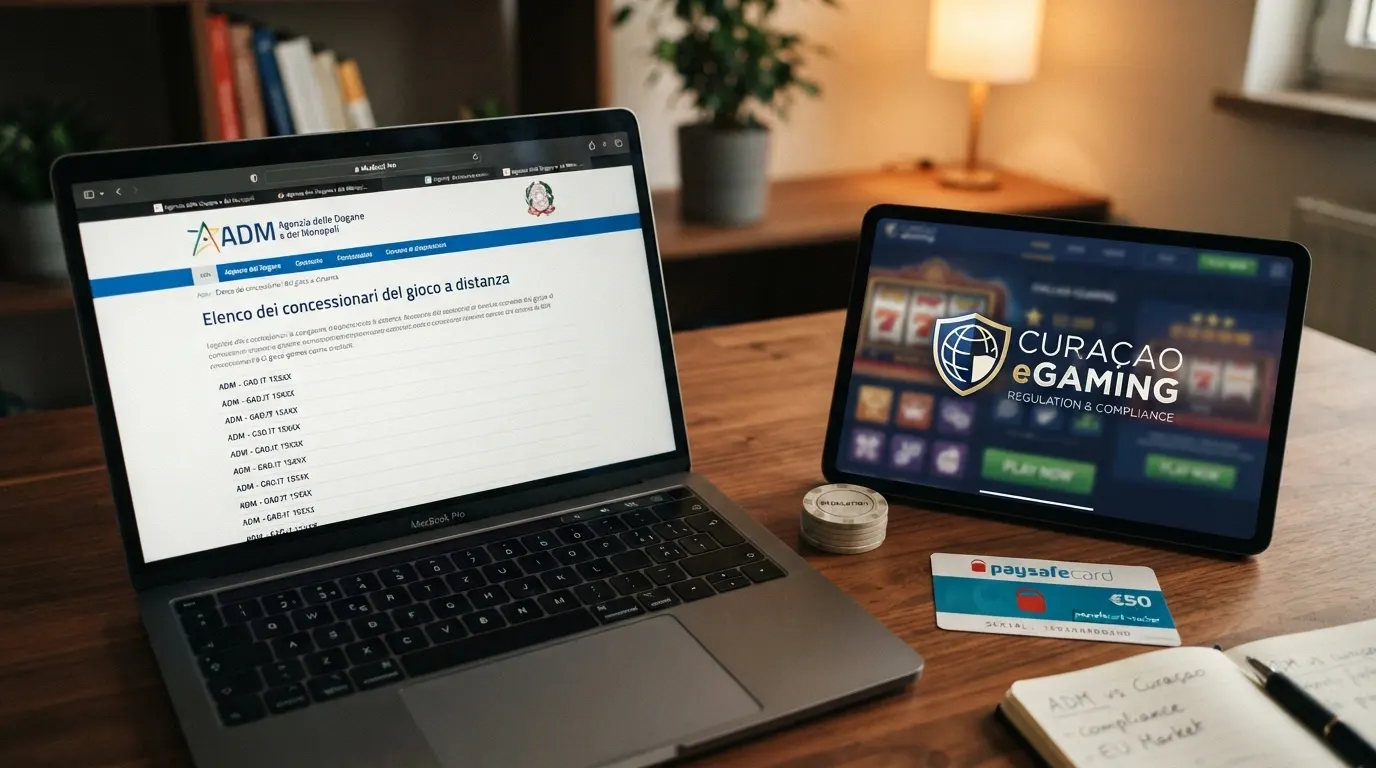 Il sito dell'ADM aperto sulla pagina del registro concessioni, affiancato dal logo di un'autorità estera (Curaçao)