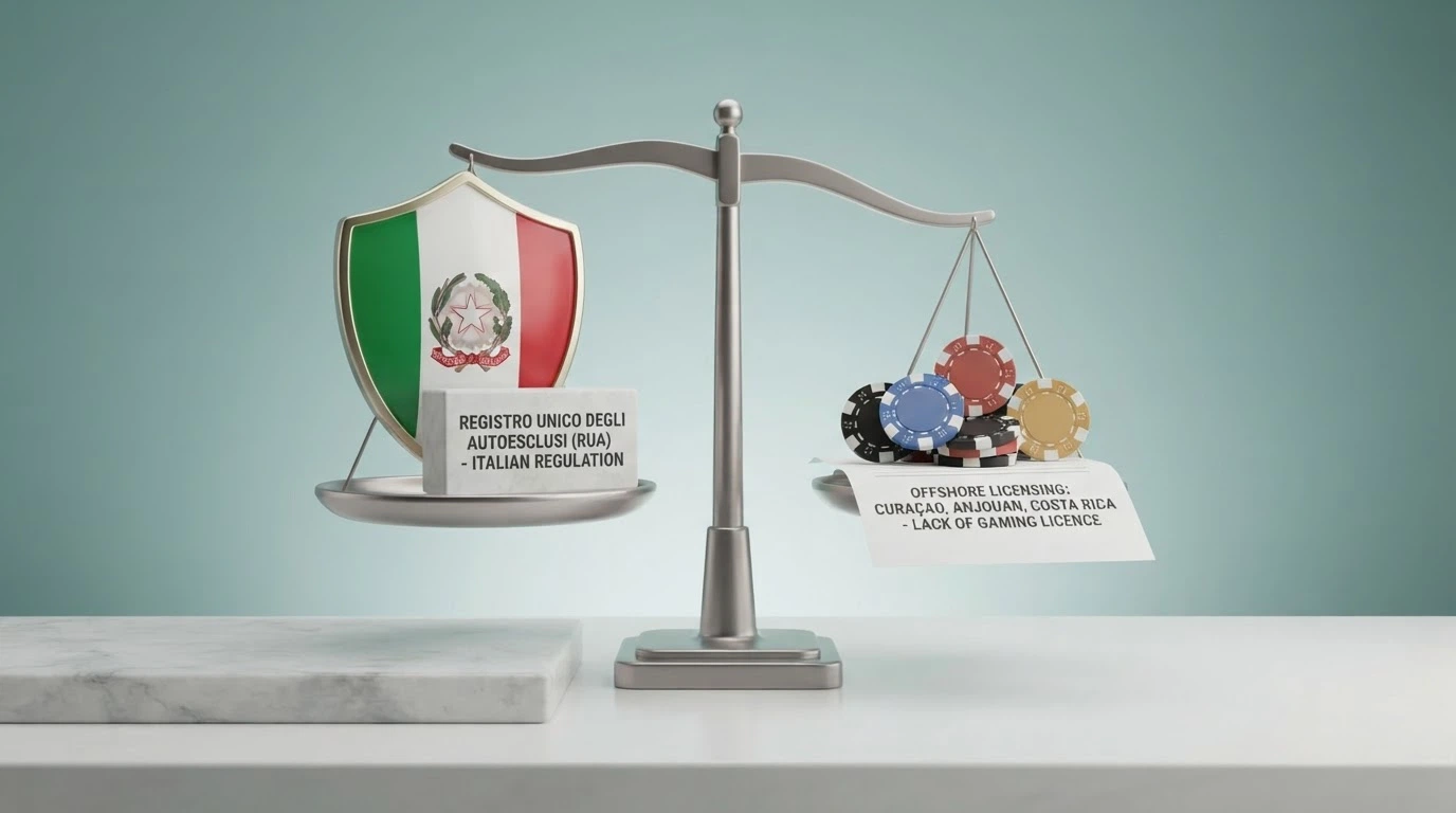 Un schema visivo che contrappone i simboli della regolamentazione italiana (ADM, RUA, scudo del giocatore) ai loghi delle giurisdizioni offshore (Curaçao, Anjouan, Costa Rica) con una bilancia al centro