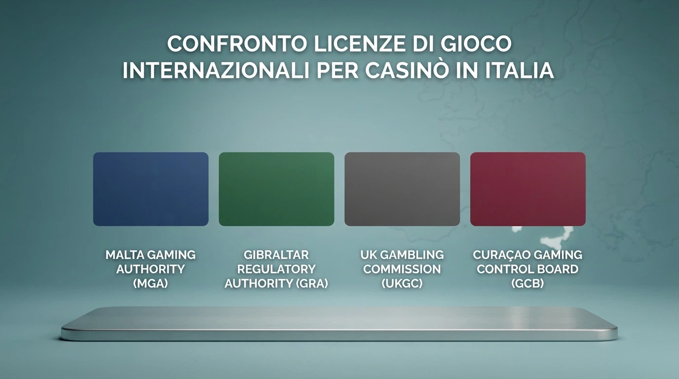 Un confronto visivo tra i sigilli e i loghi delle principali licenze offshore (Curaçao eGaming, MGA Malta, Kahnawake, Anjouan) e il logo ADM