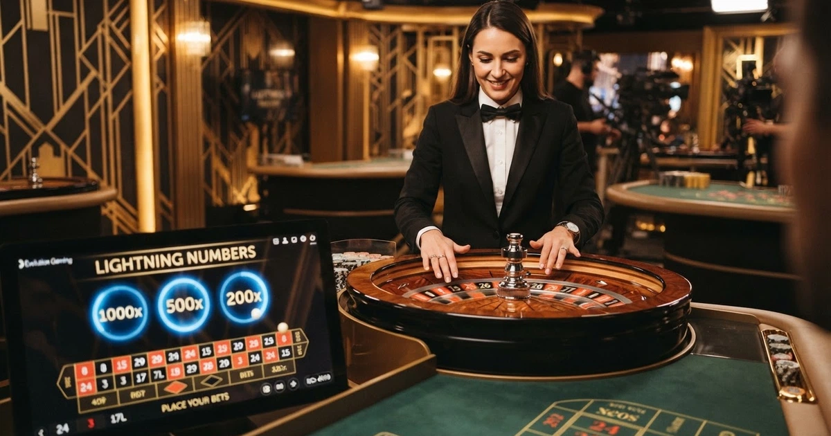 Tavolo di Lightning Roulette con croupier in studio Art Deco, interfaccia di gioco con numeri fortunati e moltiplicatori sullo schermo