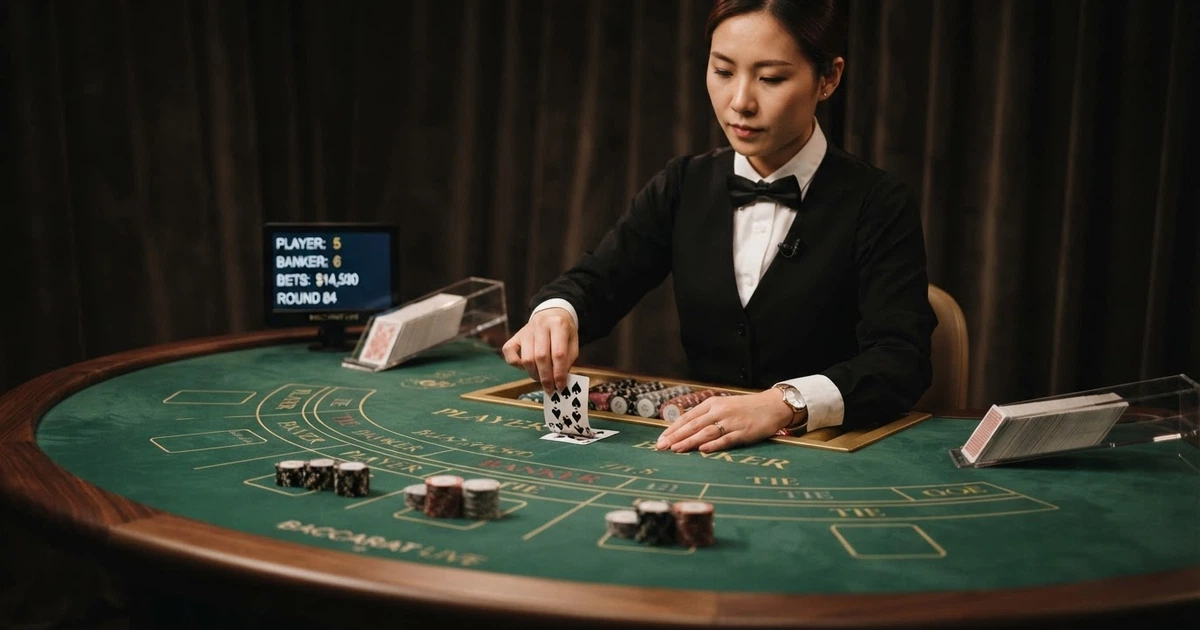 Tavolo di baccarat dal vivo con croupier in uniforme, carte disposte sul tavolo verde, monitor con statistiche delle puntate e inquadratura multi-camera in uno studio professionale.