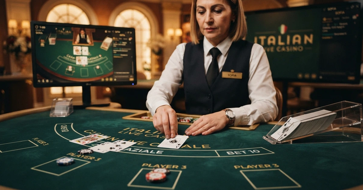 Un croupier in primo piano distribuisce le carte su un tavolo da blackjack live in uno studio professionale, con l'interfaccia di gioco visibile sullo schermo di un computer alle sue spalle.