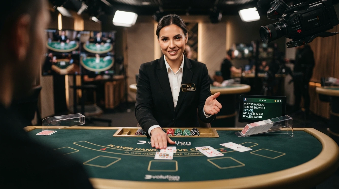 Tavolo da blackjack con croupier dal vivo in un casino online, interfaccia di puntata su schermo