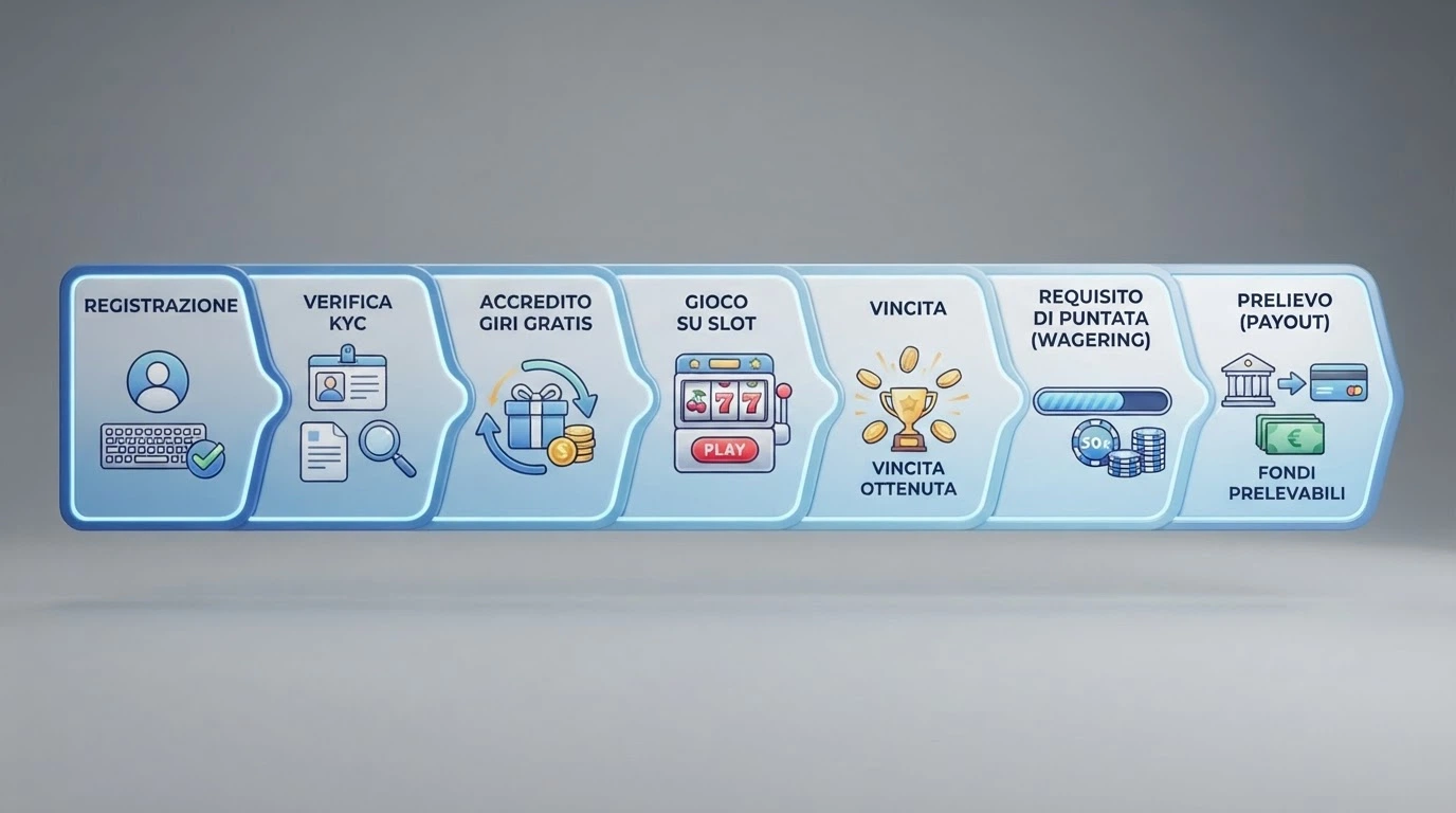 Un diagramma a flusso che illustra il percorso di un free spin senza deposito: dalla registrazione all'accredito, dalla vincita al requisito di puntata, fino al prelievo (con l'indicazione del punto in cui il max cashout può bloccare l'importo).