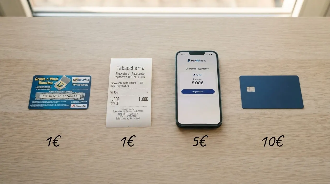 Una panoramica dei metodi di pagamento per il gioco online in Italia: una scratch card, un tagliando di ricarica da tabaccheria, il logo di PayPal e una carta di credito, disposti su una superficie con didascalie che indicano le soglie minime
