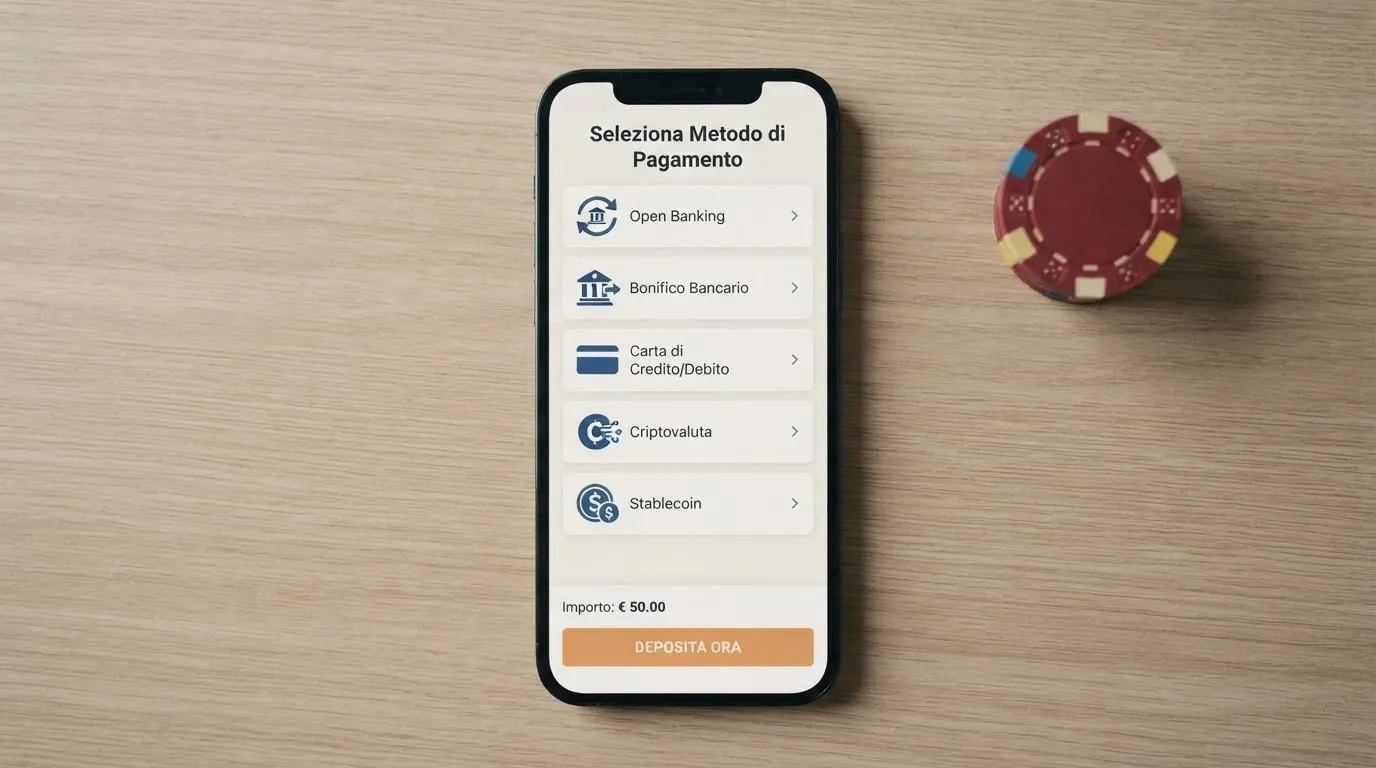 Una schermata di checkout con le opzioni di pagamento: Trustly, bonifico, carta di credito, Bitcoin e stablecoin affiancate