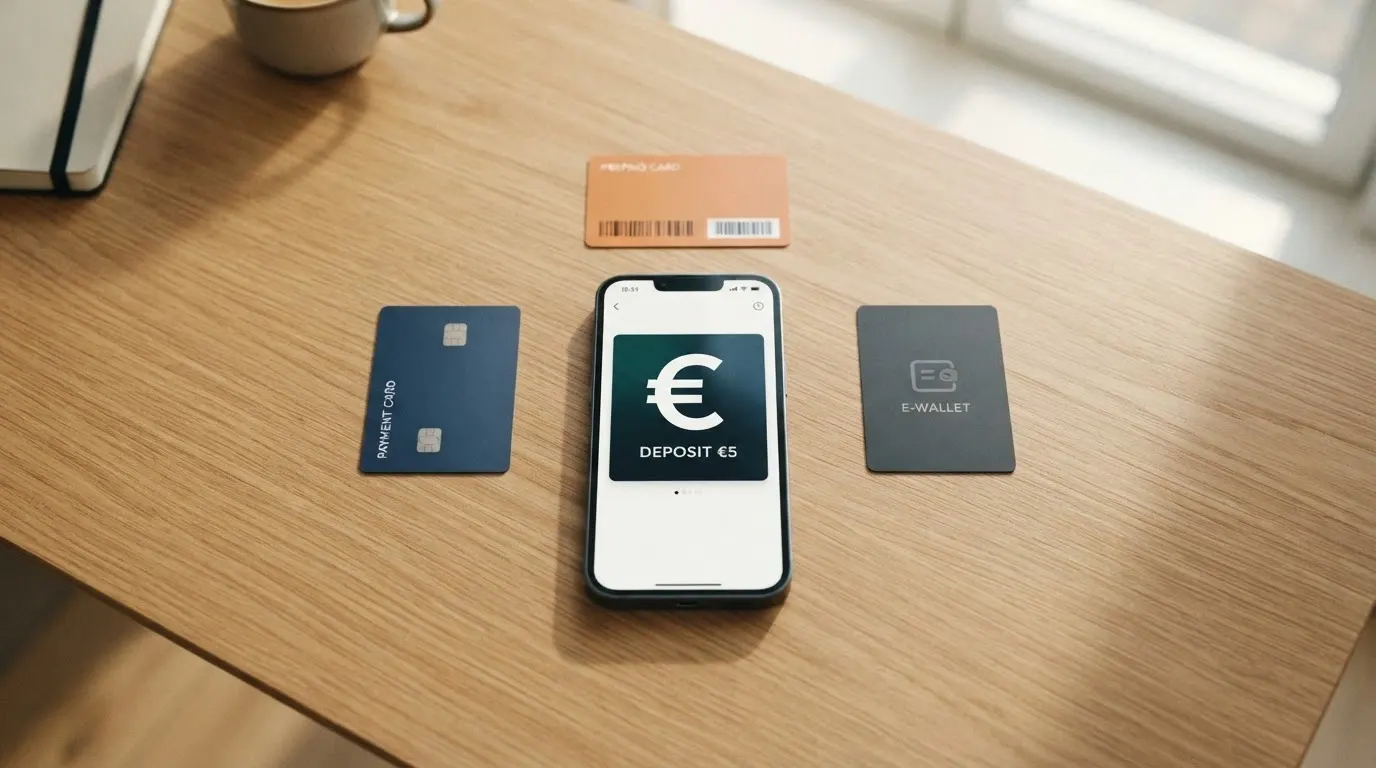 I loghi dei principali metodi di pagamento — PayPal, PostePay, Skrill, Paysafecard — affiancati da una carta di credito con il simbolo dei 5 euro in primo piano.