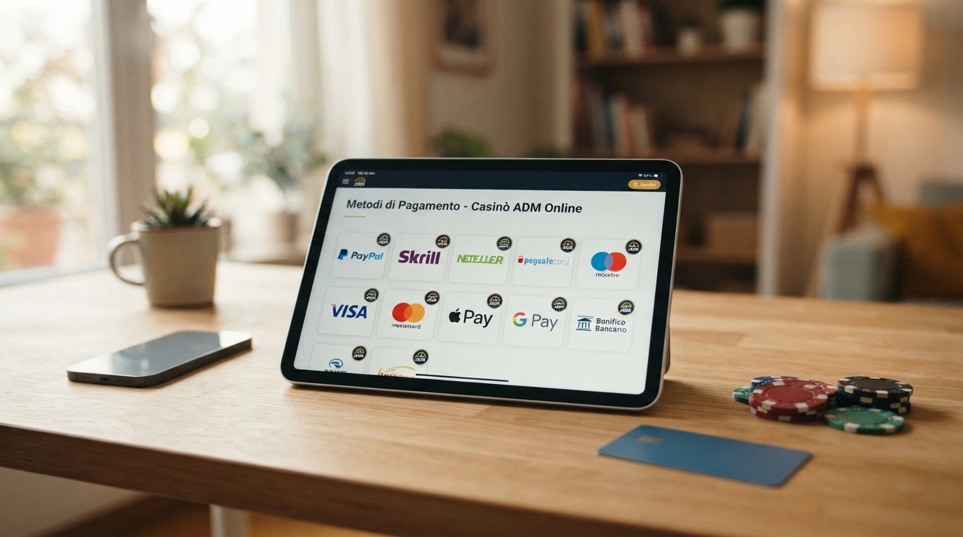 I loghi dei metodi di pagamento accettati nei casinò ADM — PayPal, Postepay, Skrill, Visa, Mastercard, bonifico bancario, Paysafecard e Punto Vendita Ricariche — disposti su uno sfondo che richiama l'interfaccia di cassa di un casinò online