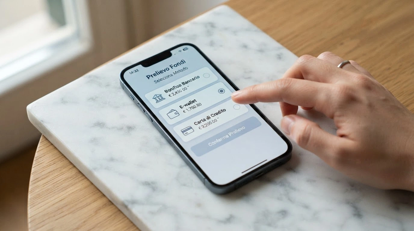 Smartphone che mostra le opzioni di prelievo di un casinò online: bonifico, e-wallet e carta di credito affiancati in una schermata di cassa