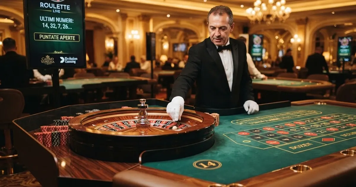 Un tavolo da roulette live con croupier in smoking, interfaccia di gioco in italiano sullo schermo, logo Microgaming visibile nell'angolo