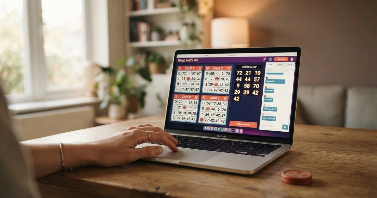 Una sala bingo online con cartelle digitali aperte, tabellone dei numeri estratti e chat di sala visibile su schermo