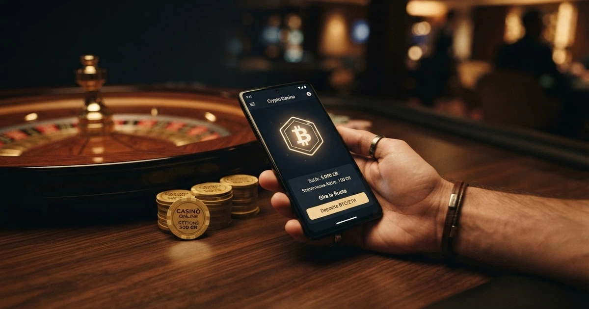 Una mano che regge uno smartphone con il logo di Bitcoin Cash sullo schermo, affiancato da una roulette e fiches dorate su sfondo scuro