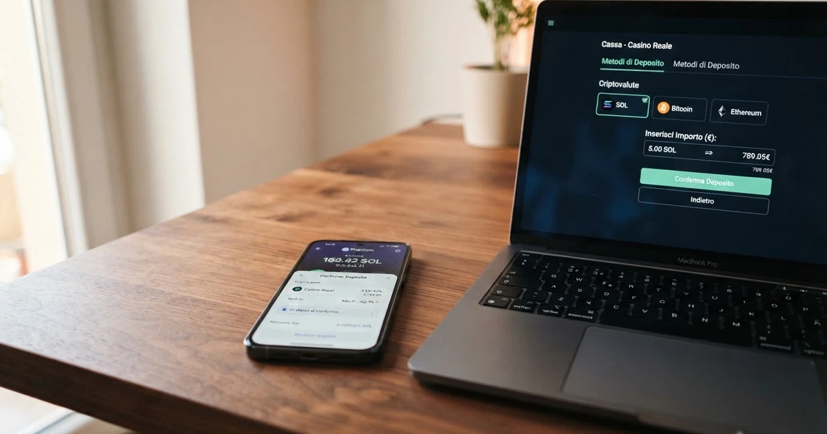 Un wallet Phantom sullo schermo di uno smartphone accanto a una schermata di casinò online con il logo di Solana e l'interfaccia di deposito in SOL