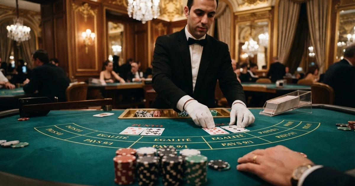 Primo piano di un tavolo da Punto Banco con croupier in smoking, carte disposte sulle aree Punto e Banco, fiches impilate sul panno verde